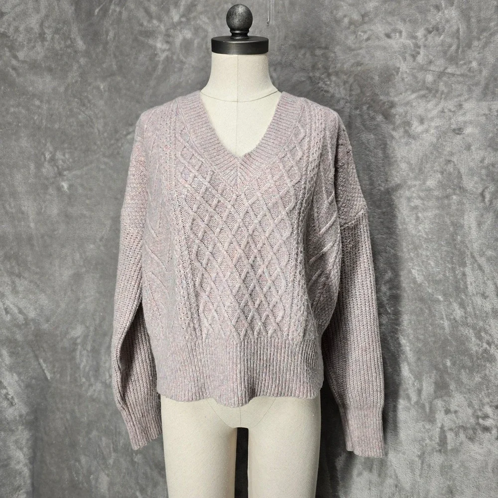 Love Knits NYC Women XL V Neck Cable Knit MultiColor Granola Thread Sweater Cozy